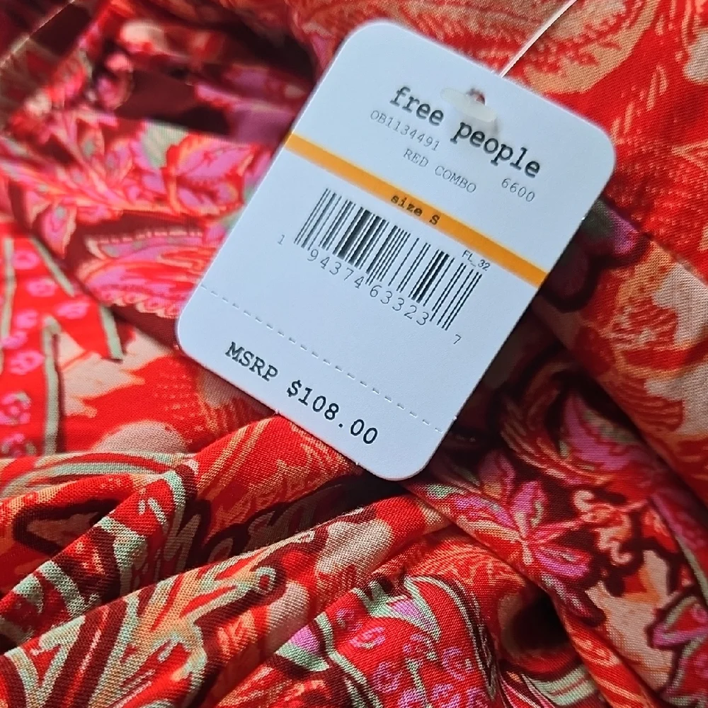 Free People Forever Yours Smocked Slip Dress Maxi Ruffled Slit Floral Red Sm NWT - Picture 4 of 16